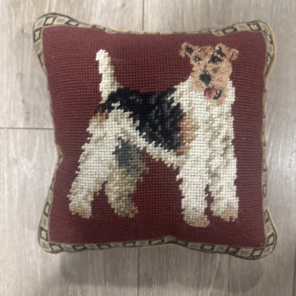 Red Wire Fox Terrier Dog Needlepoint Pillow 9"x9" Tan Back